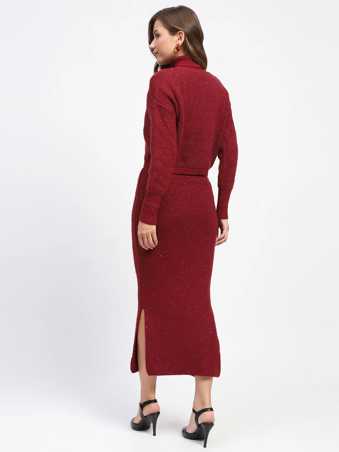 Madame Red Shimmery Turtleneck Top and Skirt Co-ord Set - Image 4