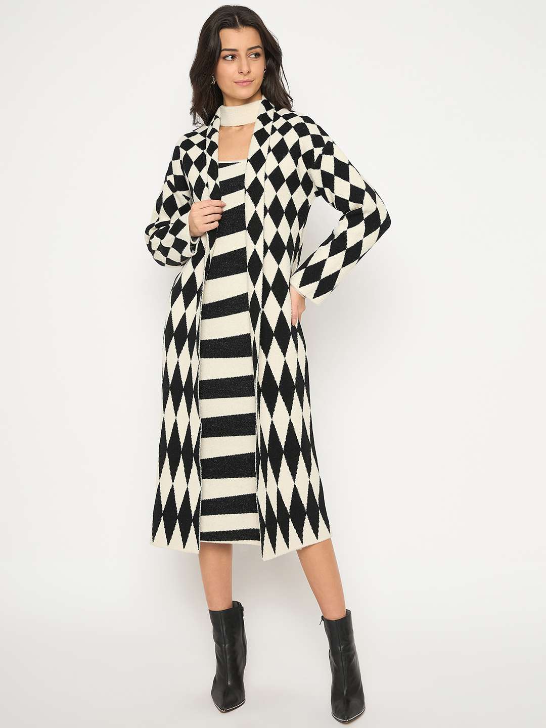 Madame Zebra Striped Dress with Geometric Print Shrug Black Co-Ord Set - Image 4