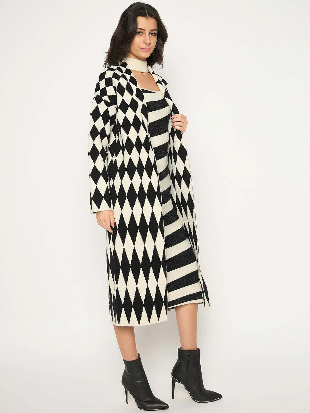 Madame Zebra Striped Dress with Geometric Print Shrug Black Co-Ord Set - Image 5