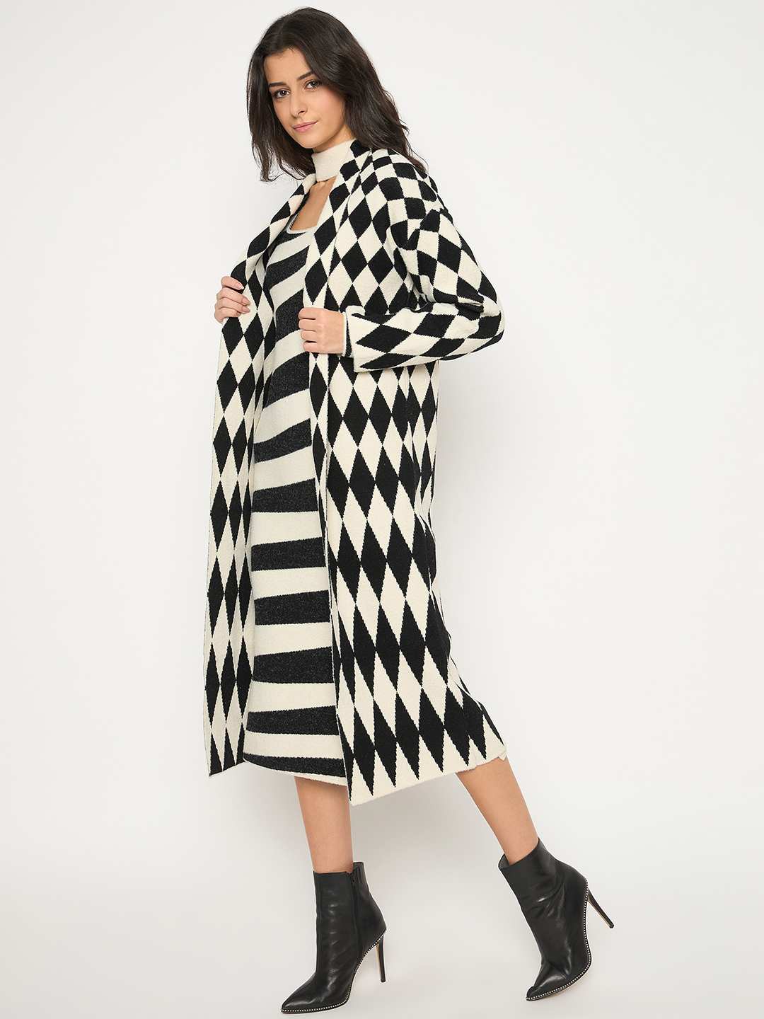 Madame Zebra Striped Dress with Geometric Print Shrug Black Co-Ord Set - Image 6