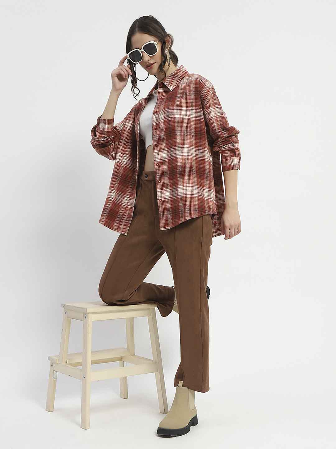 Madame Chequered Long Sleeved Cotton Brown Shirt - Image 2