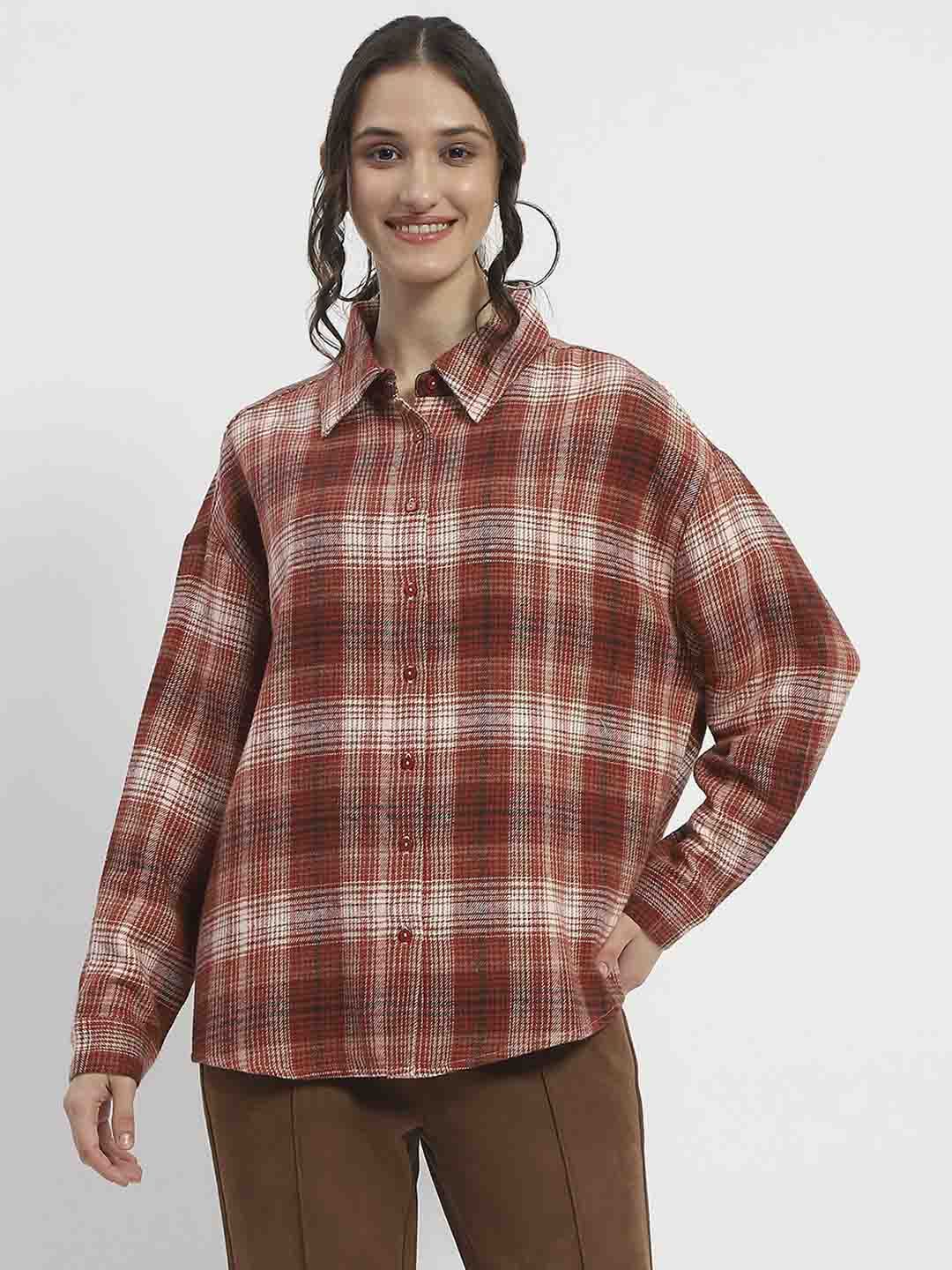 Madame Chequered Long Sleeved Cotton Brown Shirt - Image 3