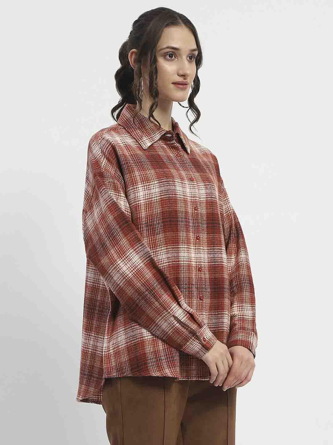 Madame Chequered Long Sleeved Cotton Brown Shirt - Image 4