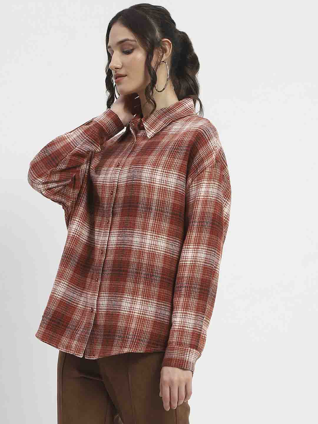 Madame Chequered Long Sleeved Cotton Brown Shirt - Image 5