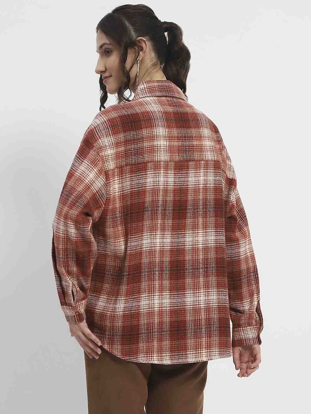 Madame Chequered Long Sleeved Cotton Brown Shirt - Image 6