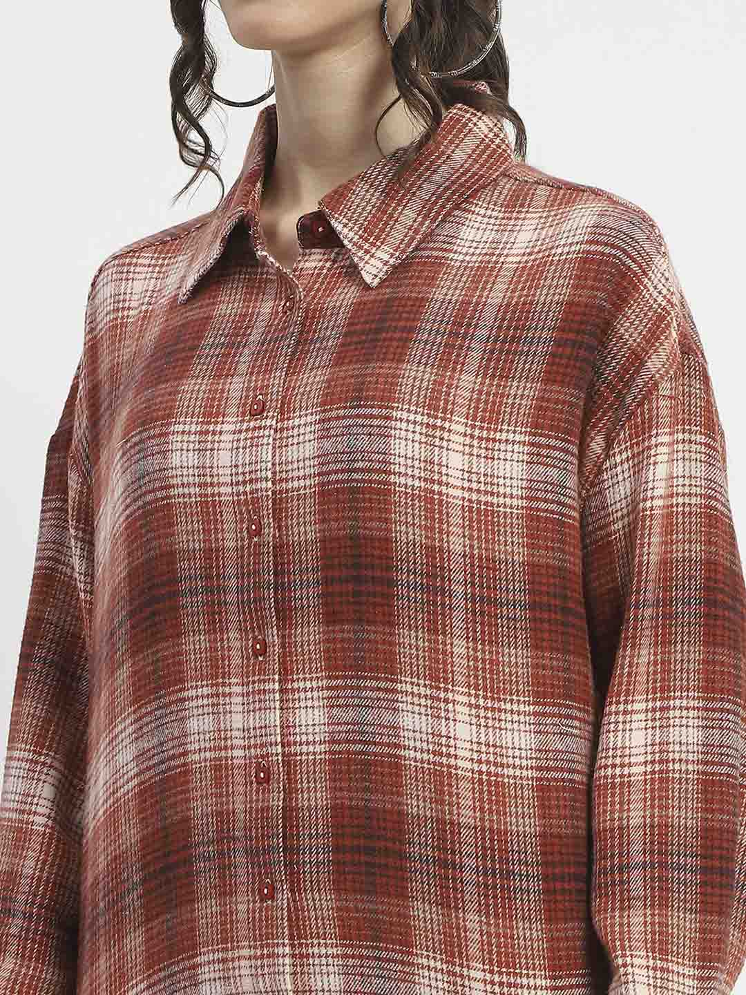 Madame Chequered Long Sleeved Cotton Brown Shirt - Image 7