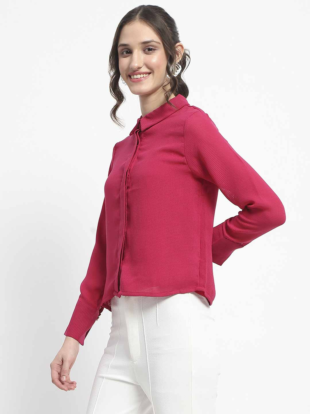 Madame Embellished Button Down Solid Hot Pink Shirt - Image 5