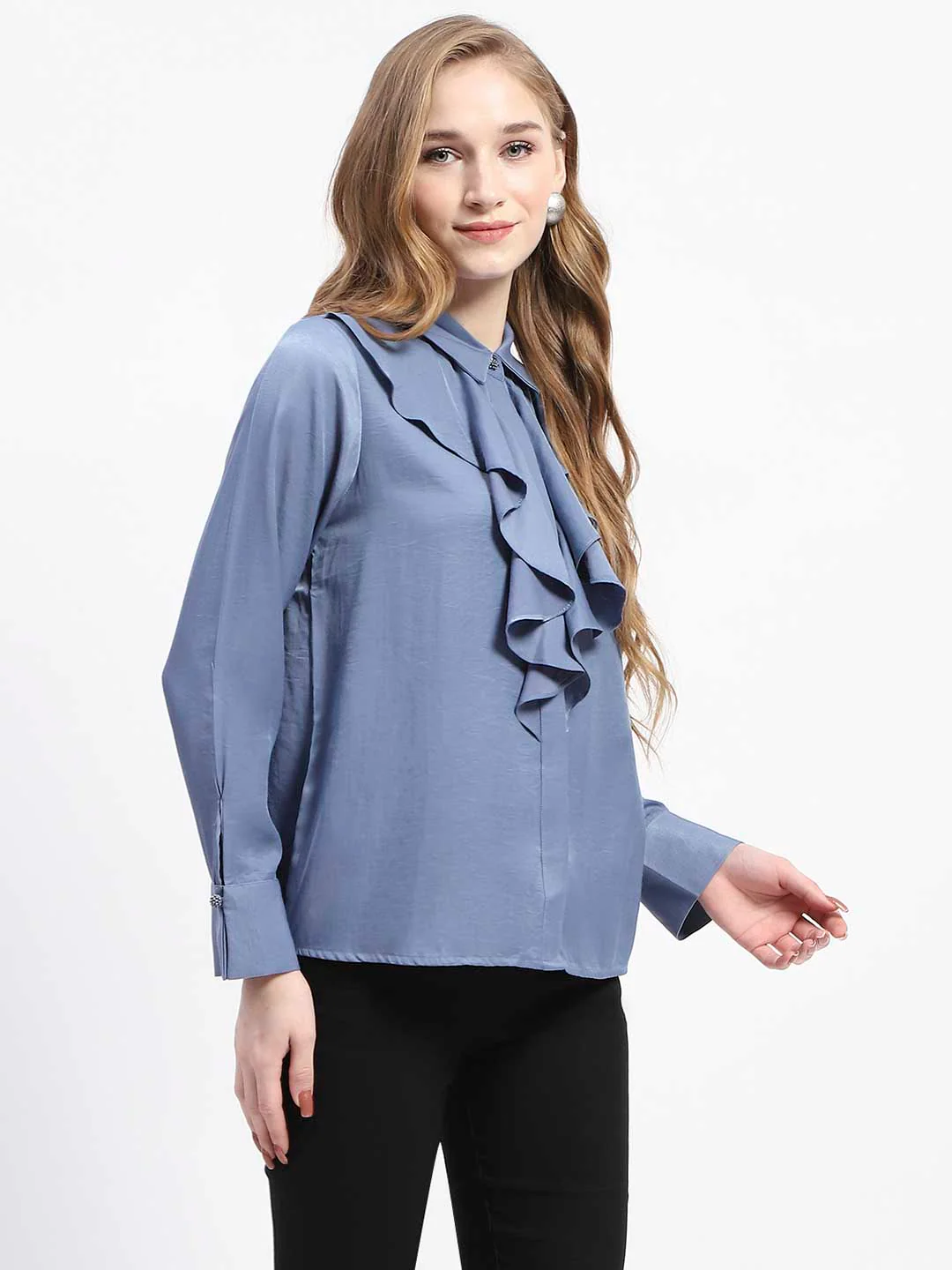 Madame Ruffle Collar Solid Blue Shirt - Image 3