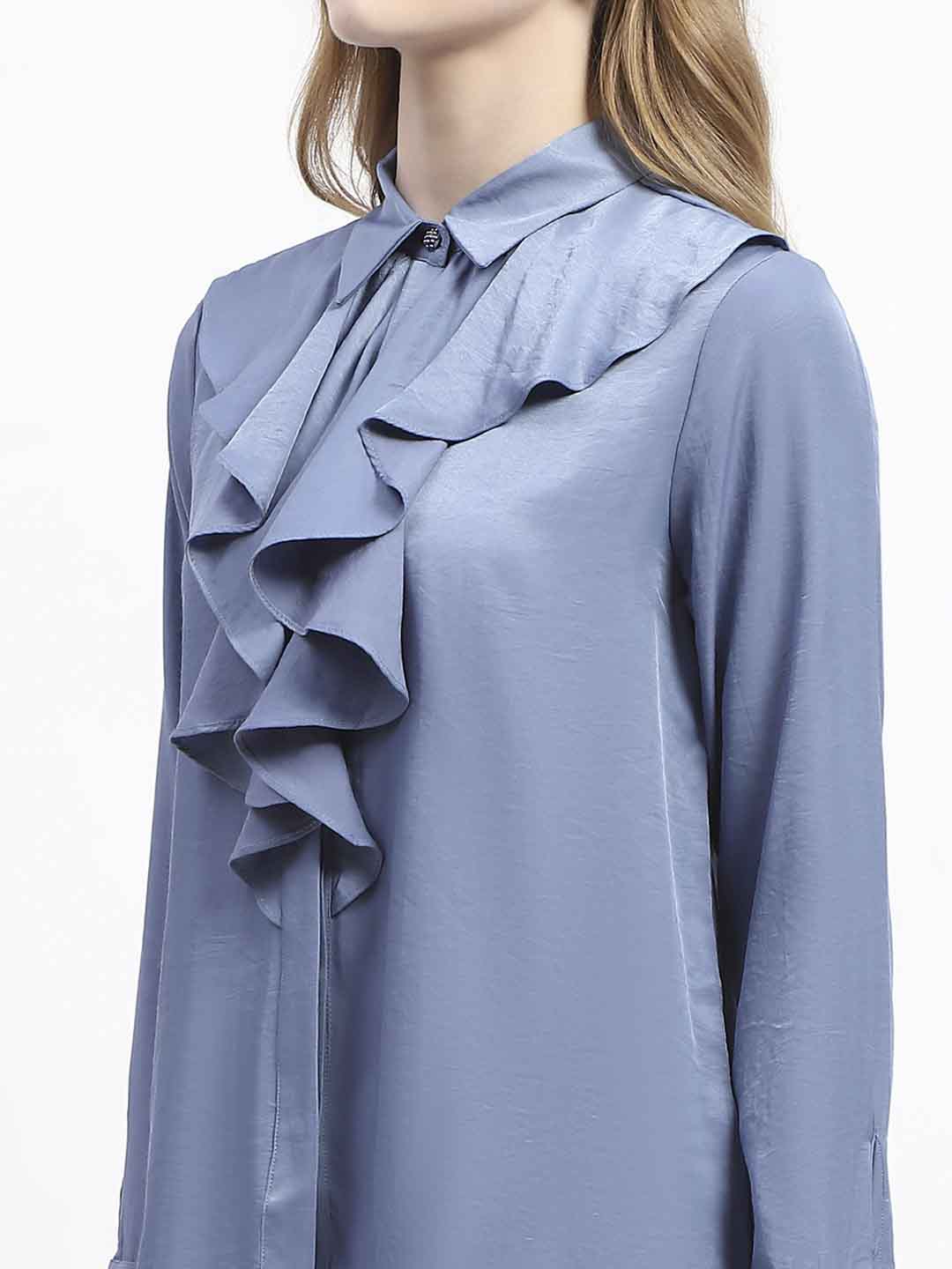 Madame Ruffle Collar Solid Blue Shirt - Image 6