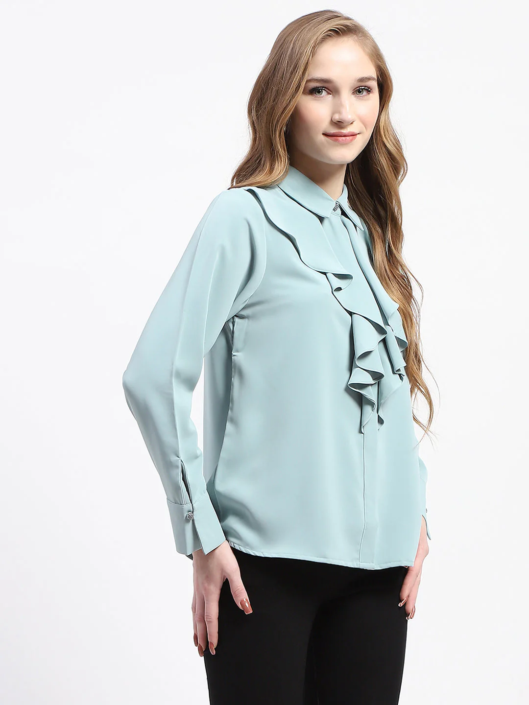 Madame Ruffle Collar Solid Grey Shirt - Image 3