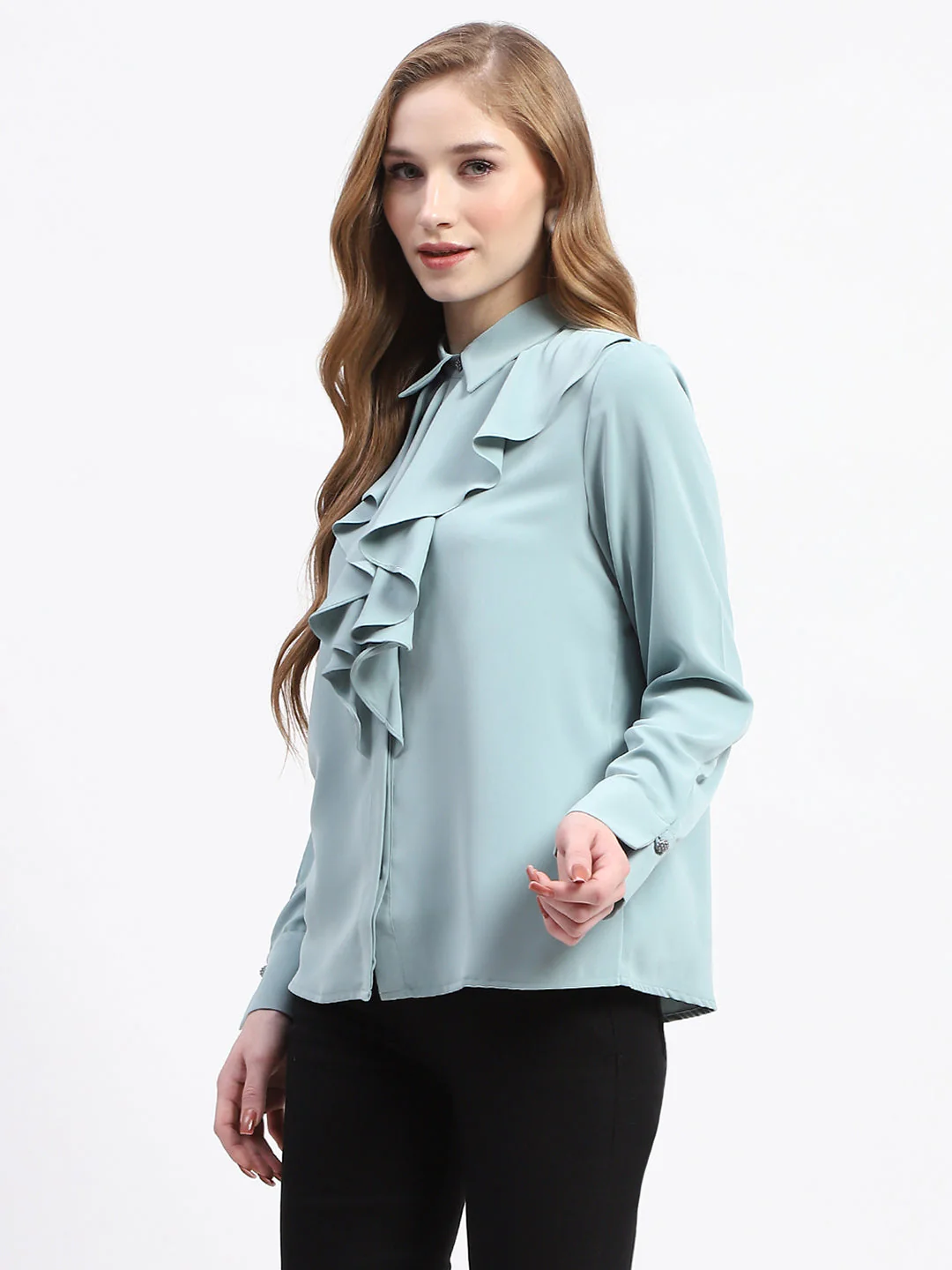 Madame Ruffle Collar Solid Grey Shirt - Image 4