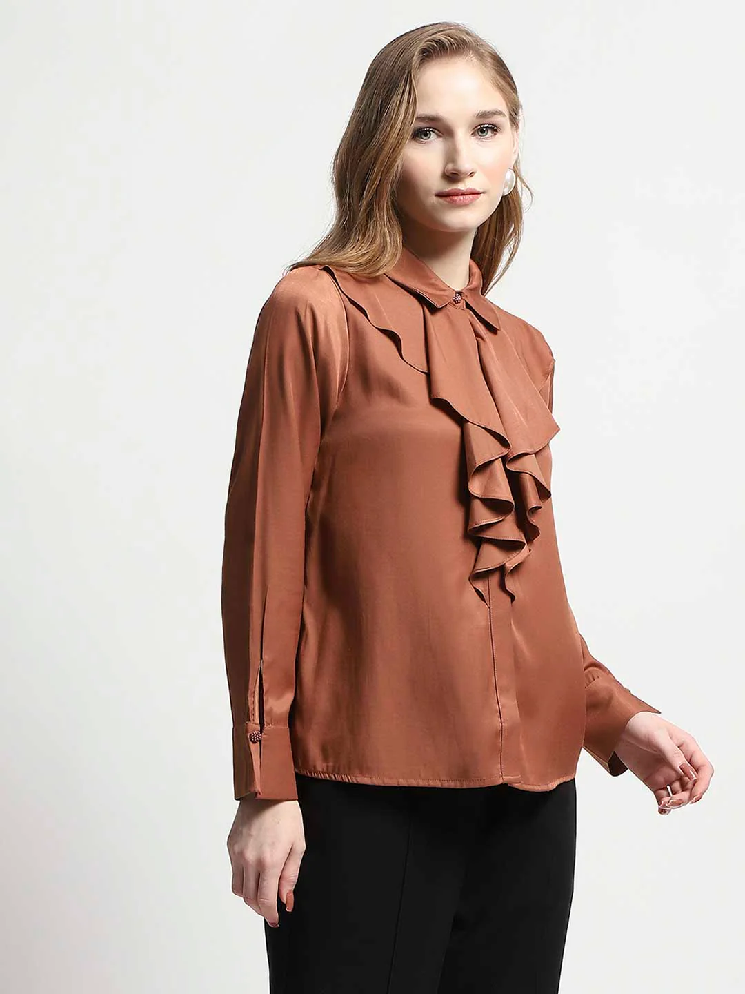 Madame Ruffle Collar Solid Rust Shirt - Image 3