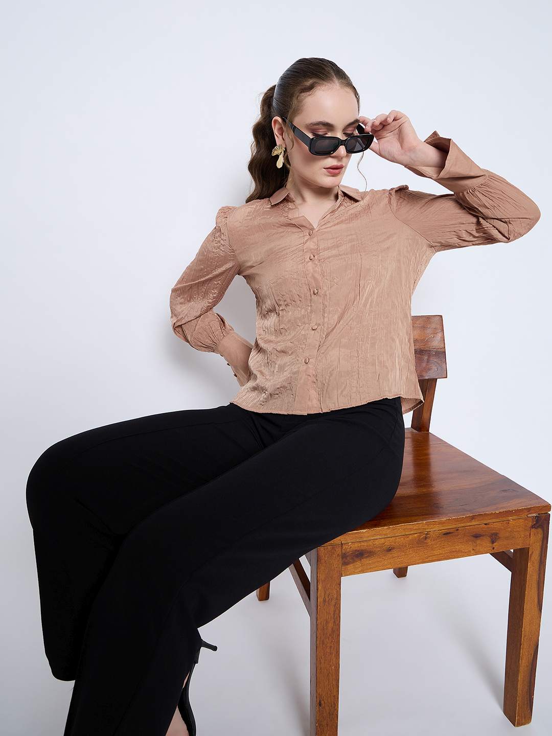 Madame Crushed Tissue Flounce Sleeve Beige Shirt