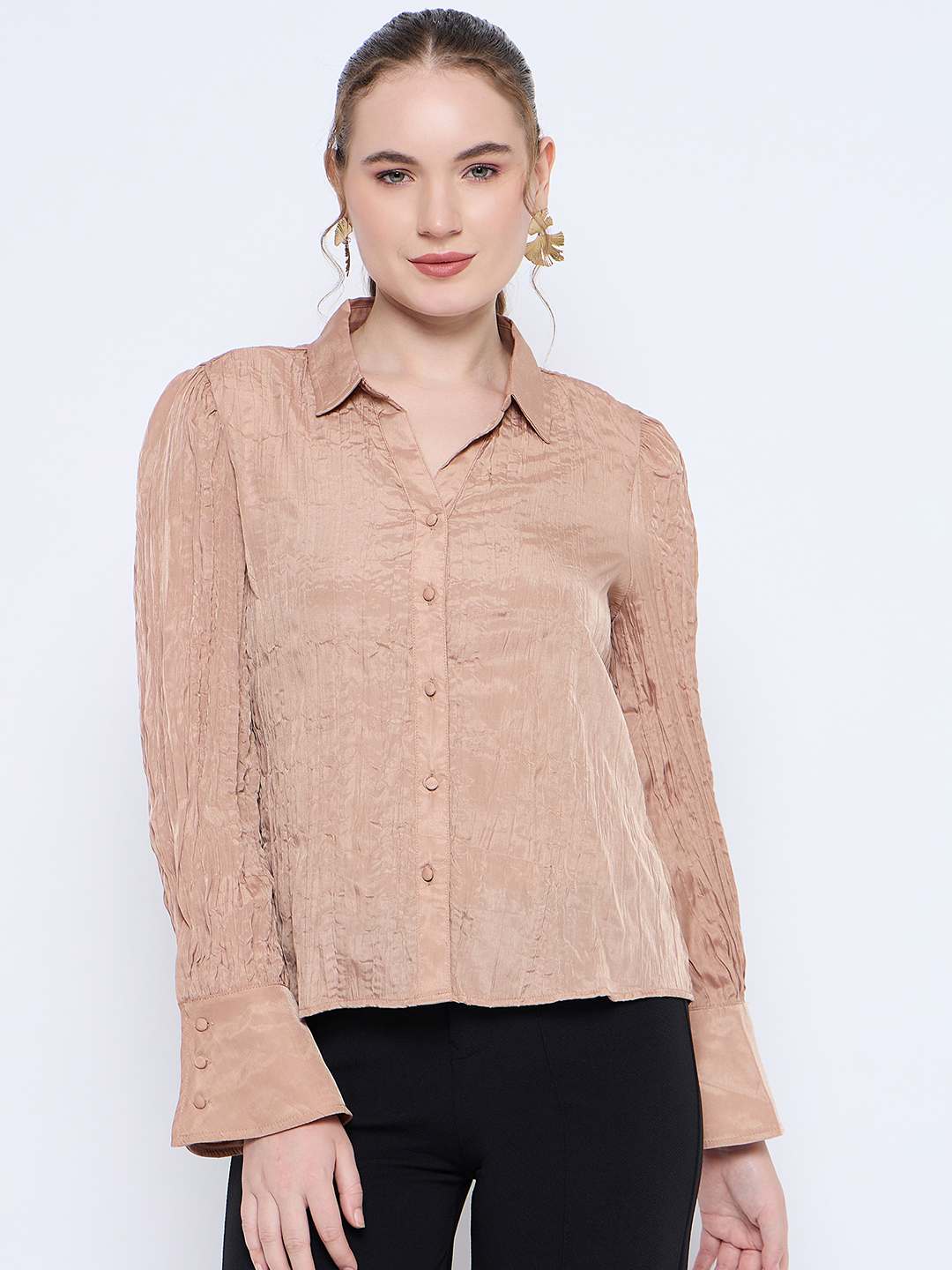 Madame Crushed Tissue Flounce Sleeve Beige Shirt - Image 3