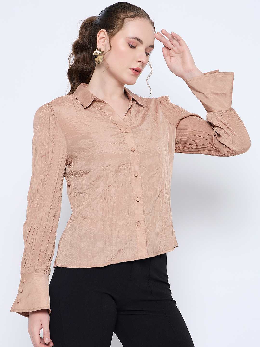 Madame Crushed Tissue Flounce Sleeve Beige Shirt - Image 4