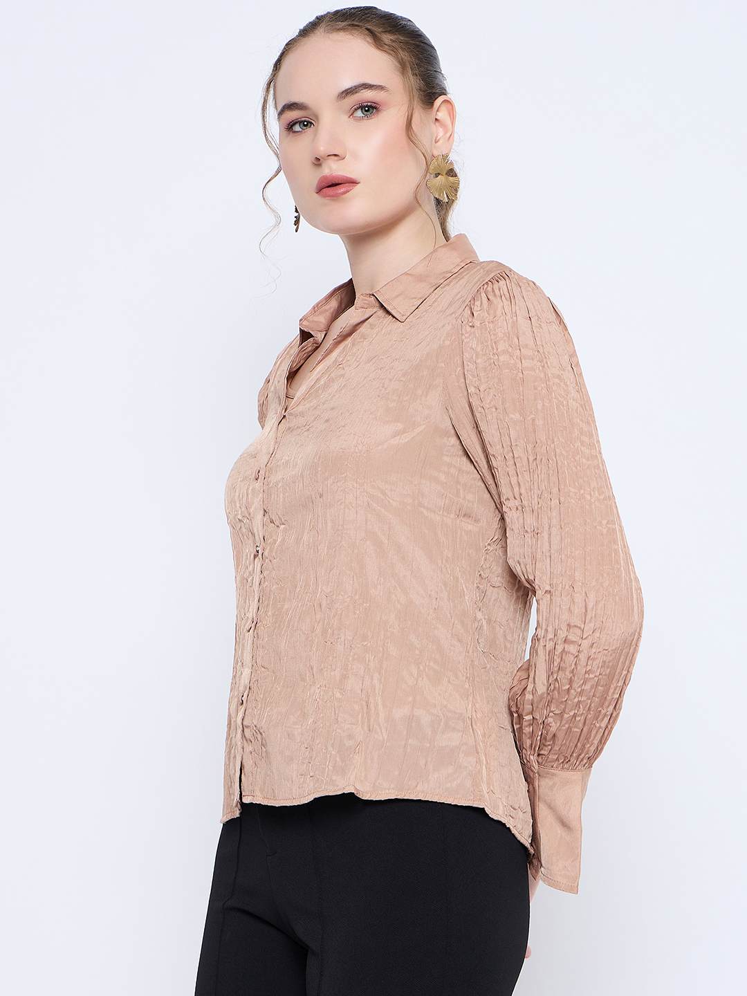 Madame Crushed Tissue Flounce Sleeve Beige Shirt - Image 5
