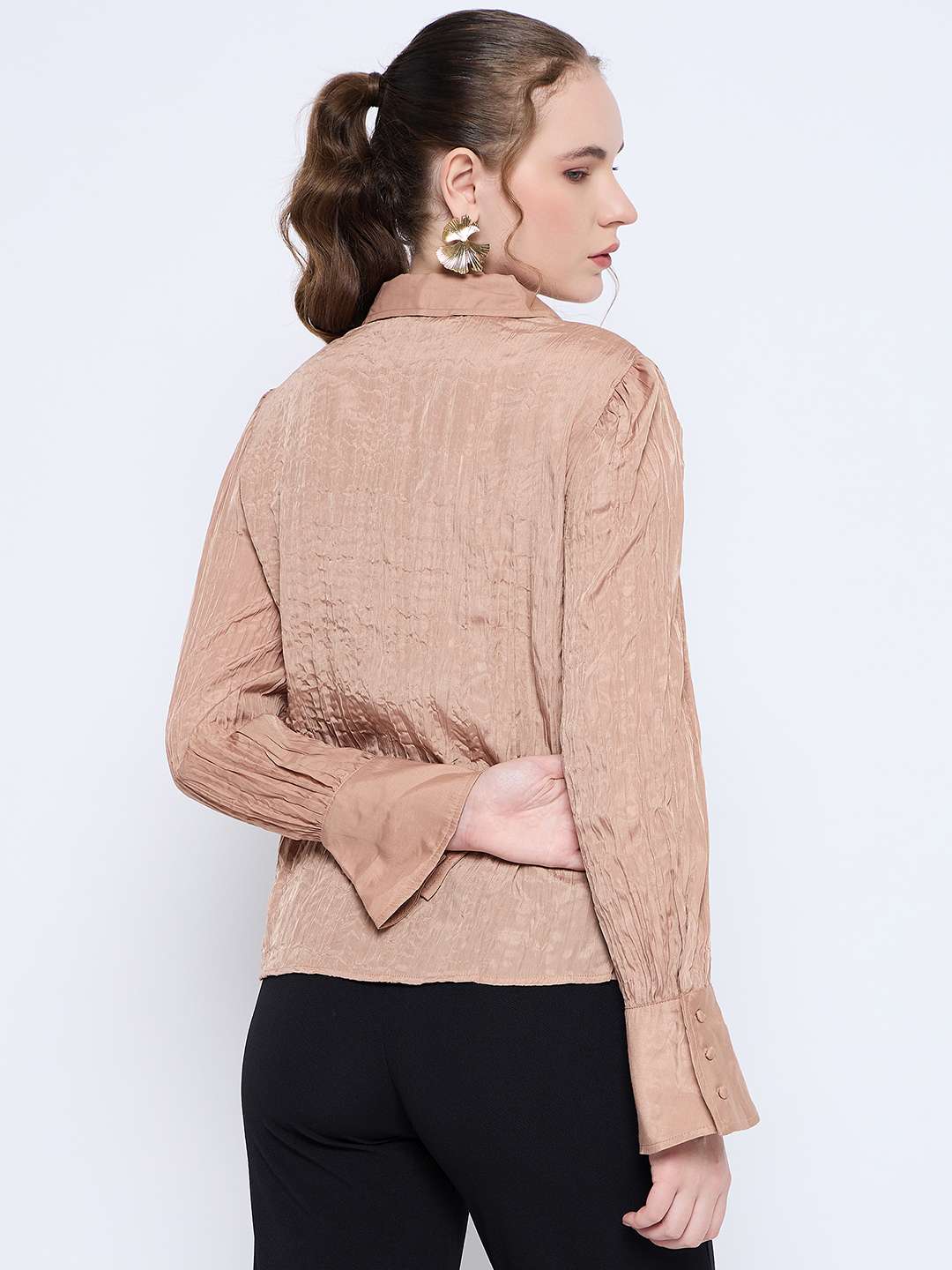 Madame Crushed Tissue Flounce Sleeve Beige Shirt - Image 8