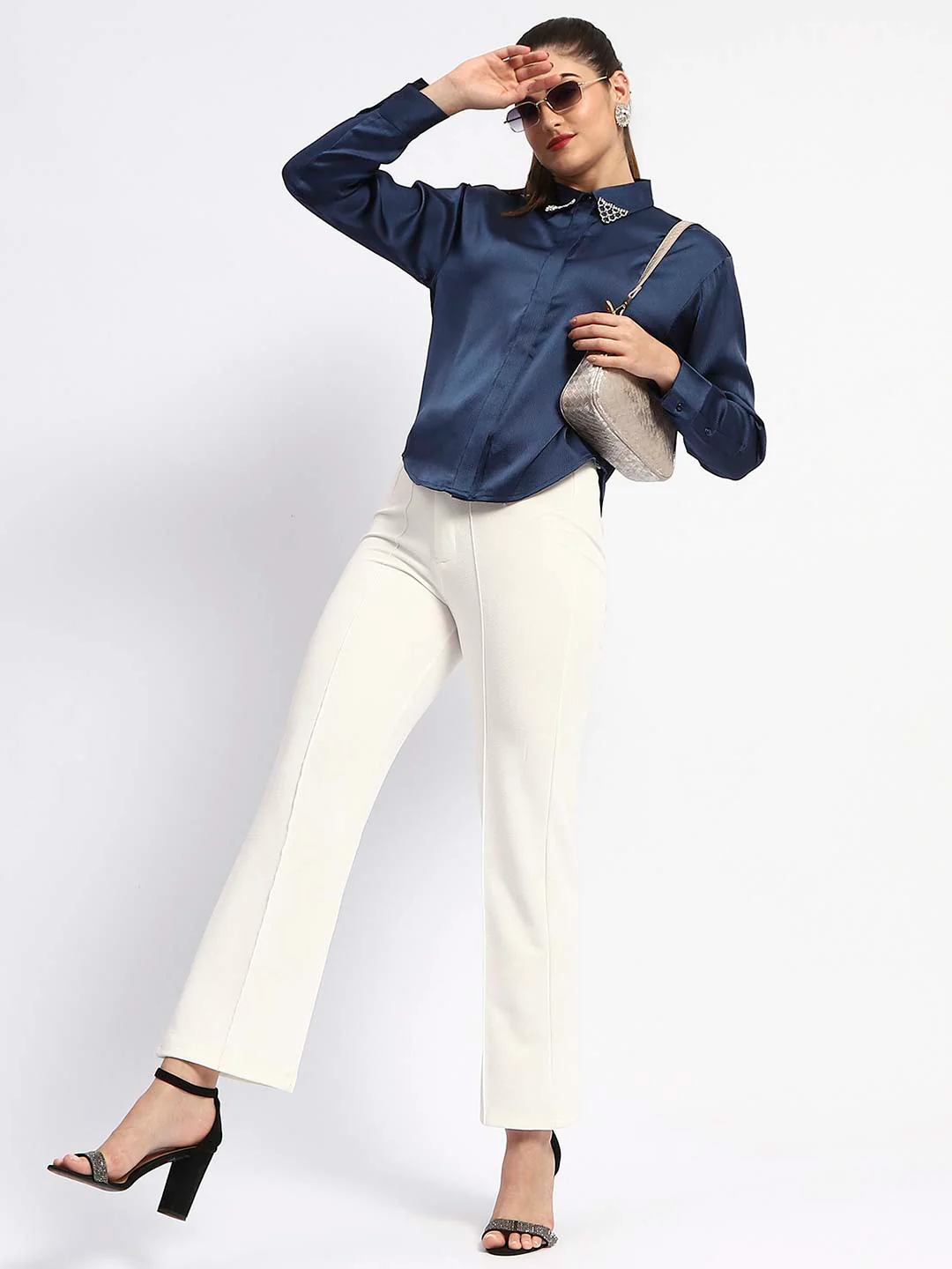 Madame Embellished Collar Cuff Sleeve Solid Teal Shirt - Image 2