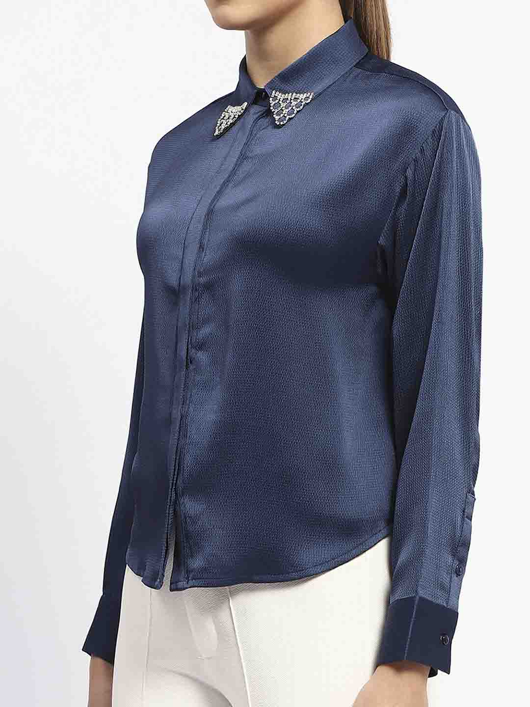 Madame Embellished Collar Cuff Sleeve Solid Teal Shirt - Image 6