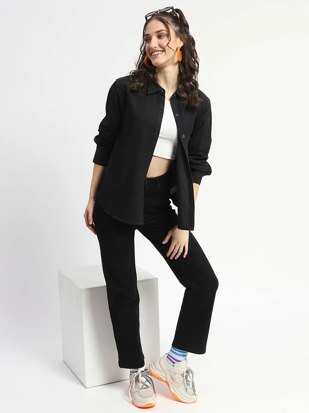 Madame Grey Wash Solid Black Button Down Denim Shirt