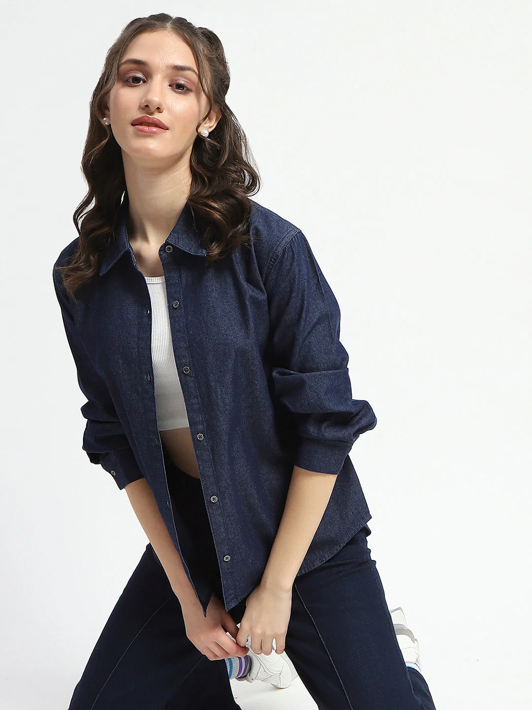 Madame Blue Wash Solid Blue Button Down Denim Shirt - Image 2
