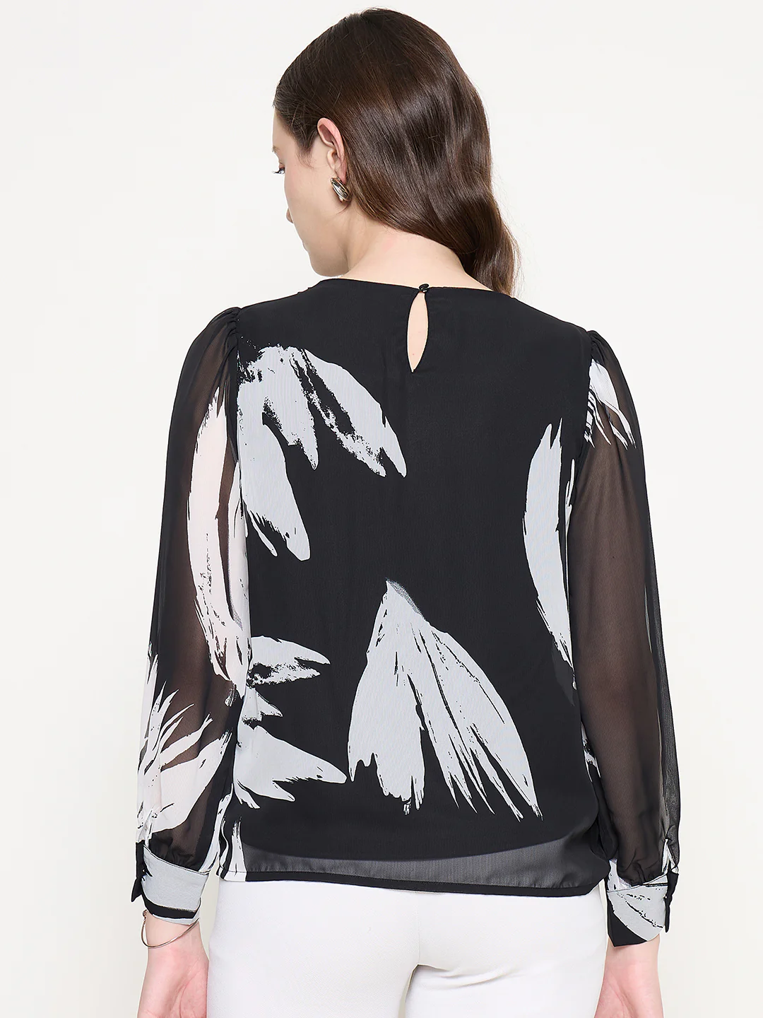 Madame Botanical Print Round Neck Black Top - Image 5