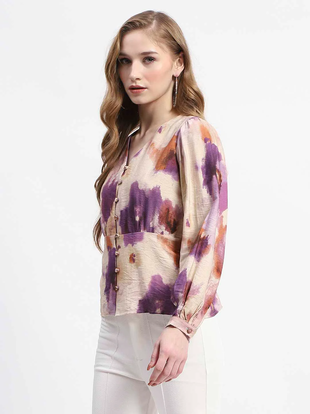 Madame Floral Print Button-Up Nylon Blend Top - Image 4