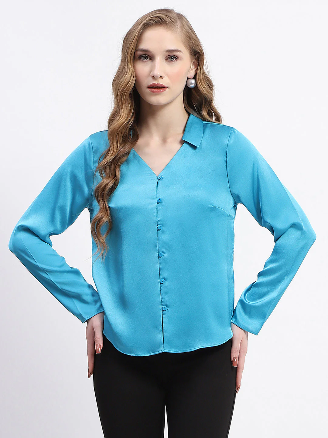 Madame Satin Bell Sleeve Collared Solid Blue Top - Image 2