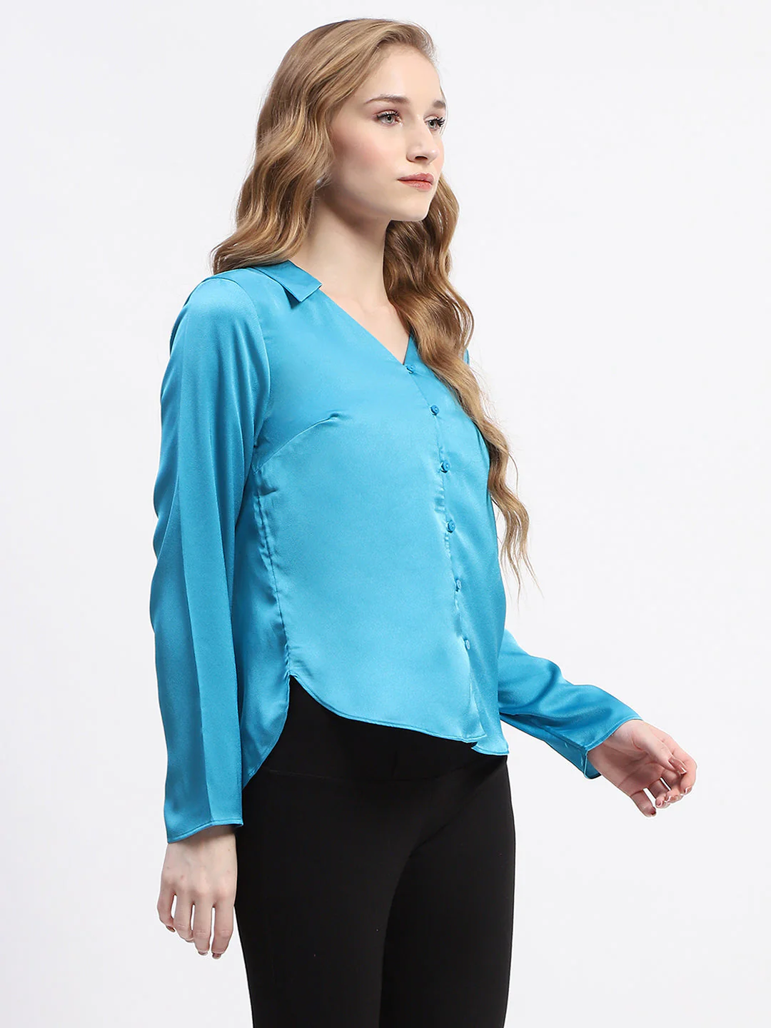 Madame Satin Bell Sleeve Collared Solid Blue Top - Image 3