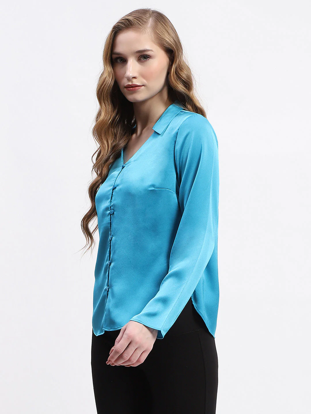 Madame Satin Bell Sleeve Collared Solid Blue Top - Image 4