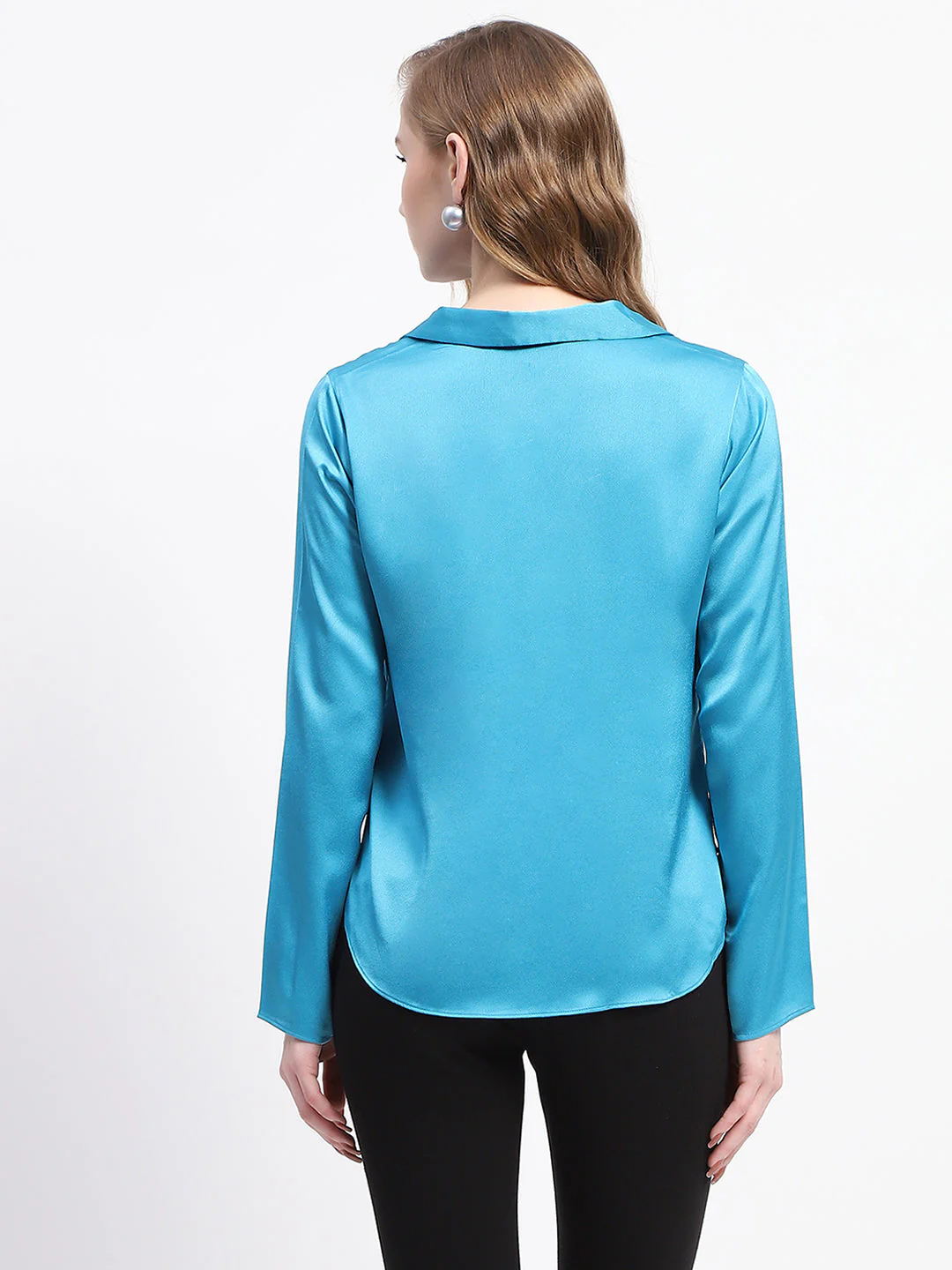 Madame Satin Bell Sleeve Collared Solid Blue Top - Image 5