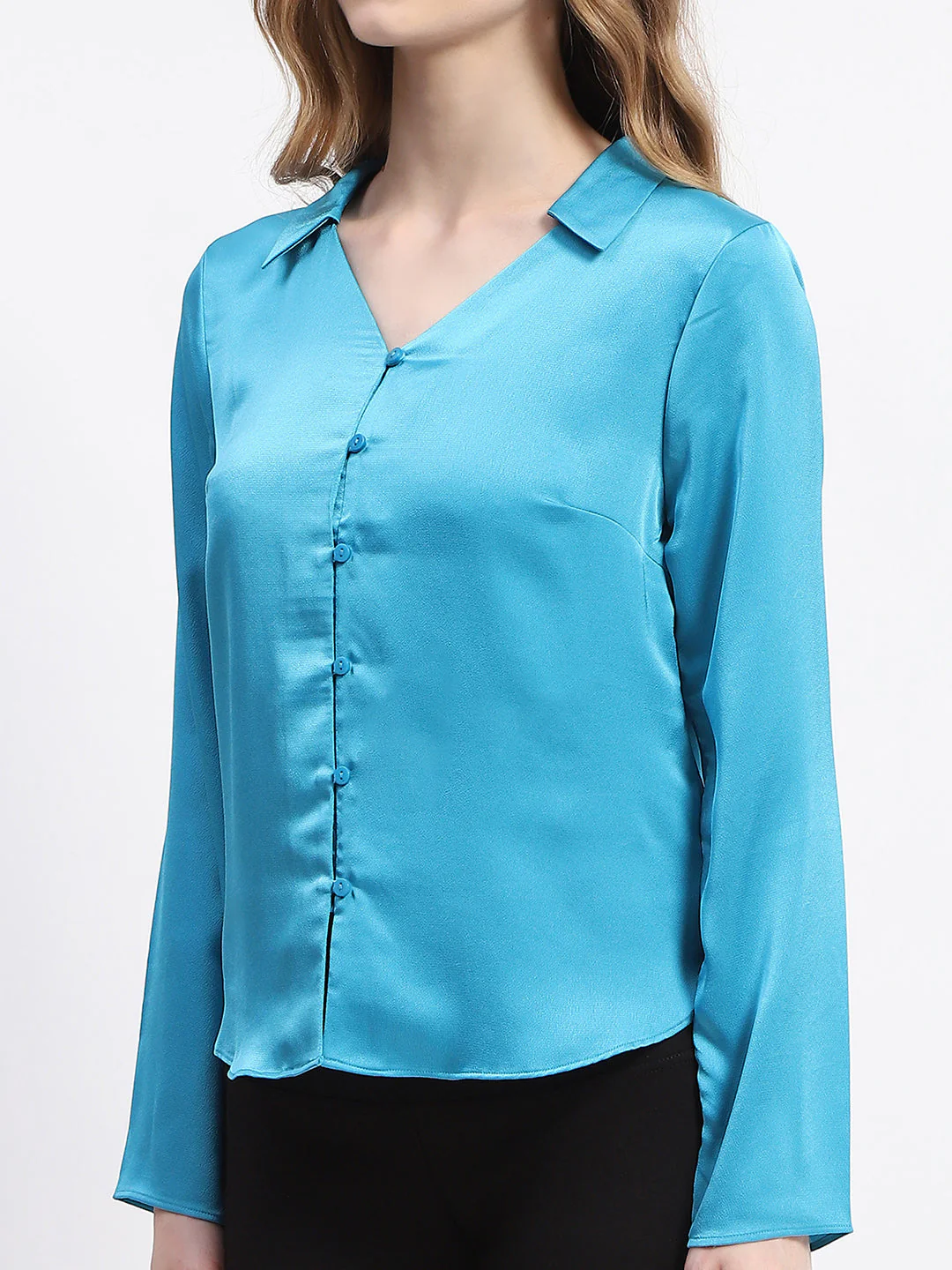 Madame Satin Bell Sleeve Collared Solid Blue Top - Image 6