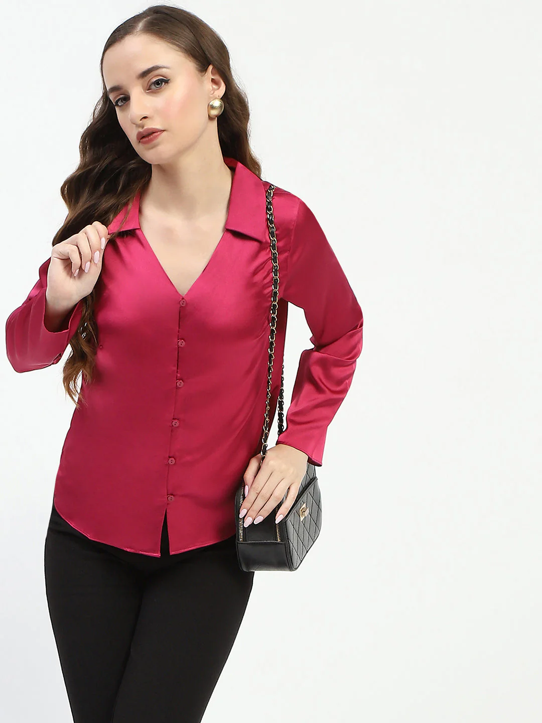 Madame Satin Bell Sleeve Collared Solid Fuschia Top - Image 2