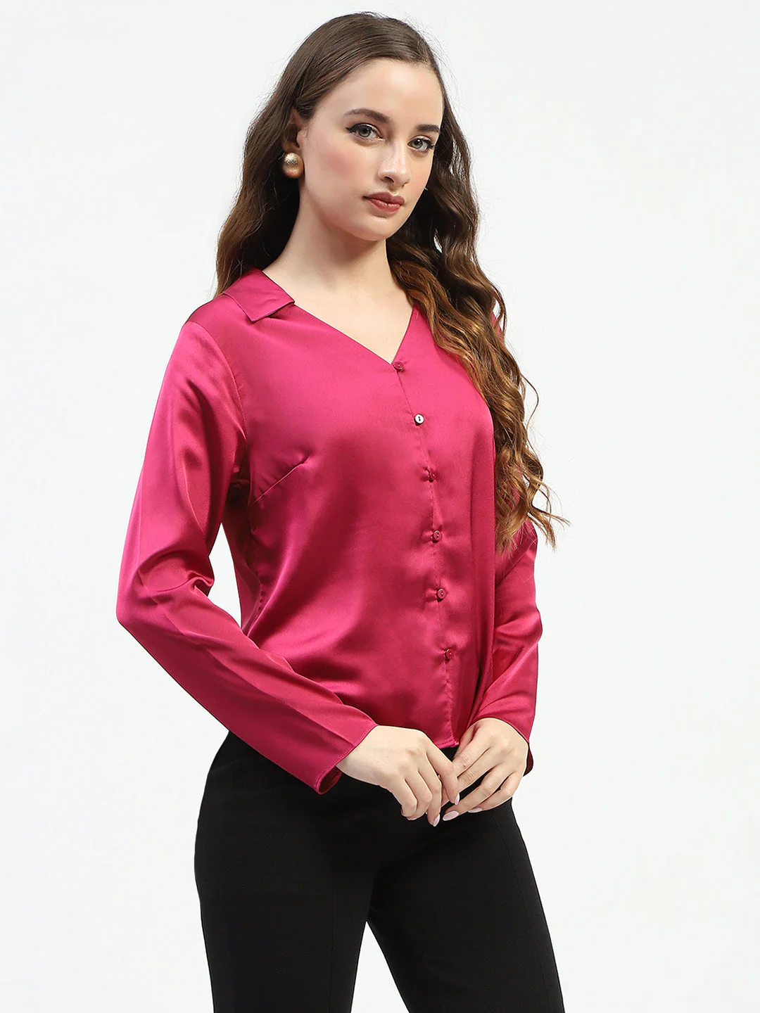 Madame Satin Bell Sleeve Collared Solid Fuschia Top - Image 4