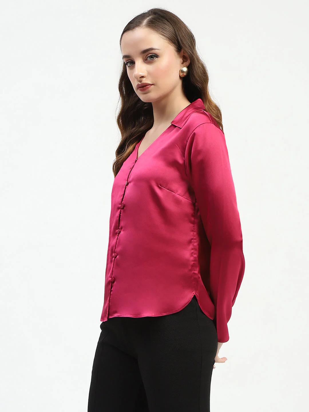 Madame Satin Bell Sleeve Collared Solid Fuschia Top - Image 5
