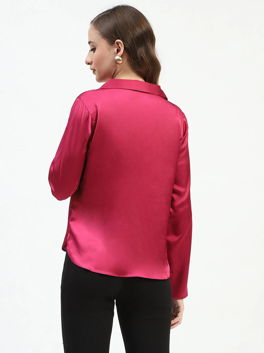 Madame Satin Bell Sleeve Collared Solid Fuschia Top - Image 6