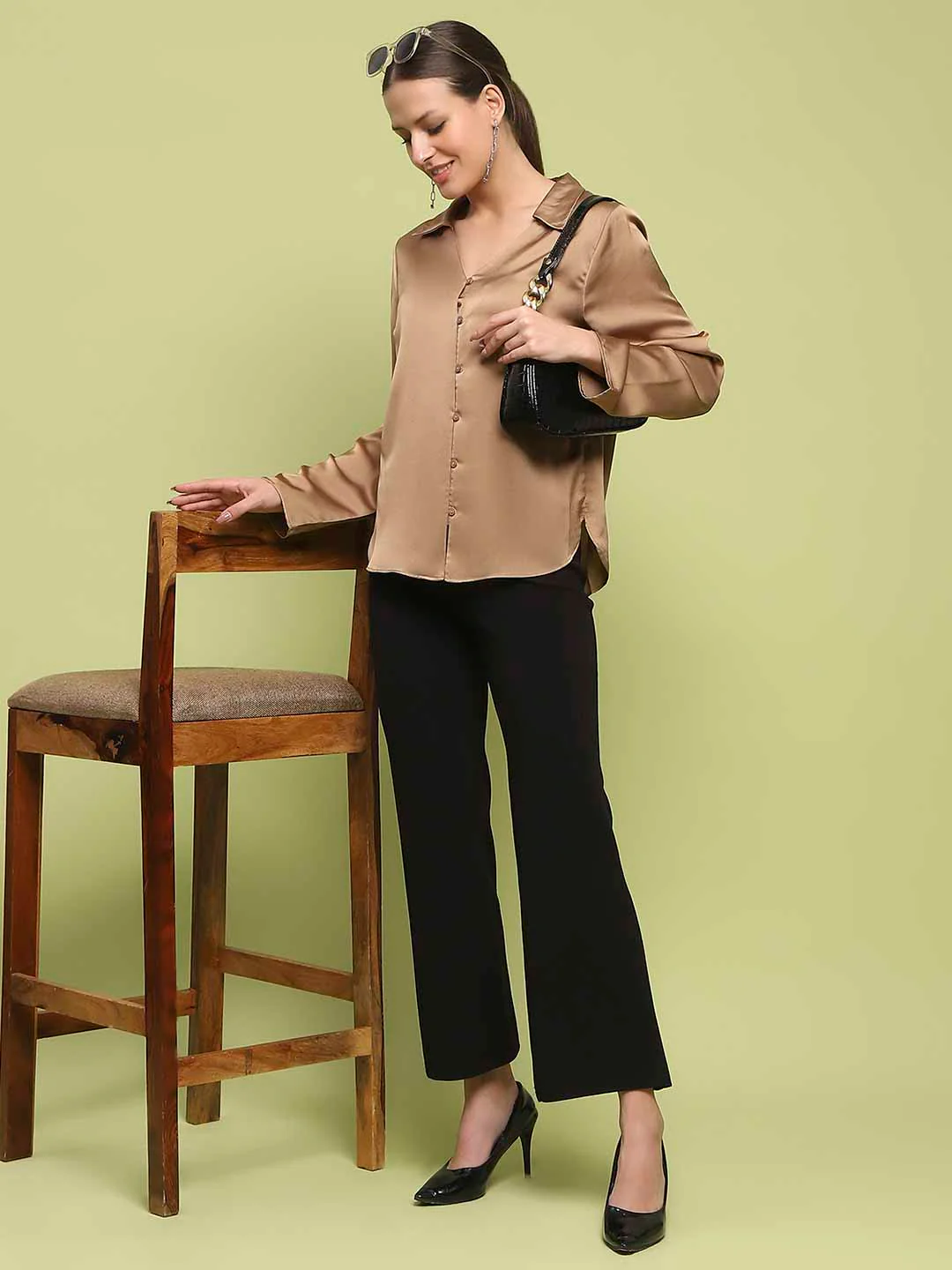Madame Satin Bell Sleeve Collared Solid Golden Yellow Top - Image 2
