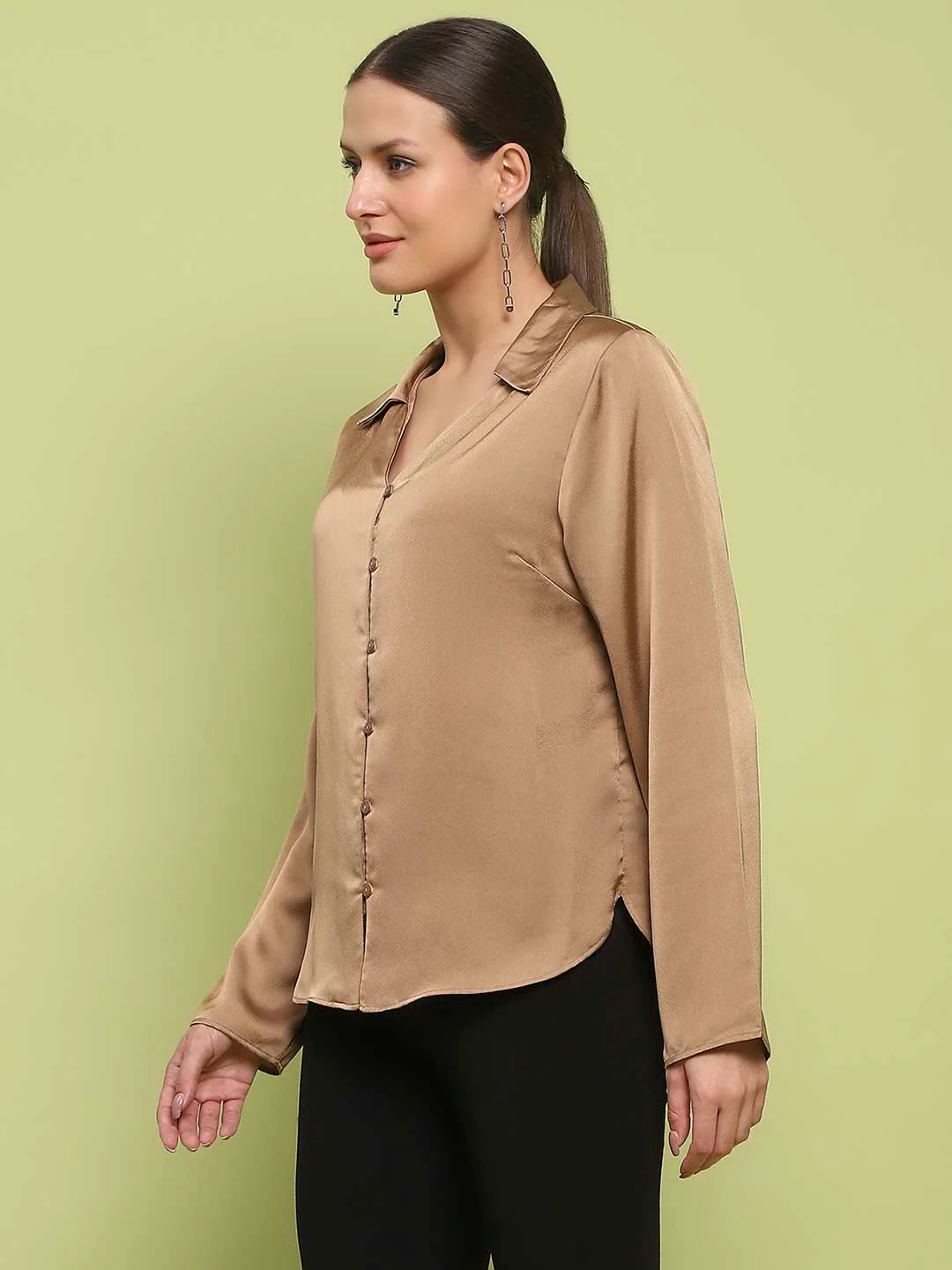 Madame Satin Bell Sleeve Collared Solid Golden Yellow Top - Image 5