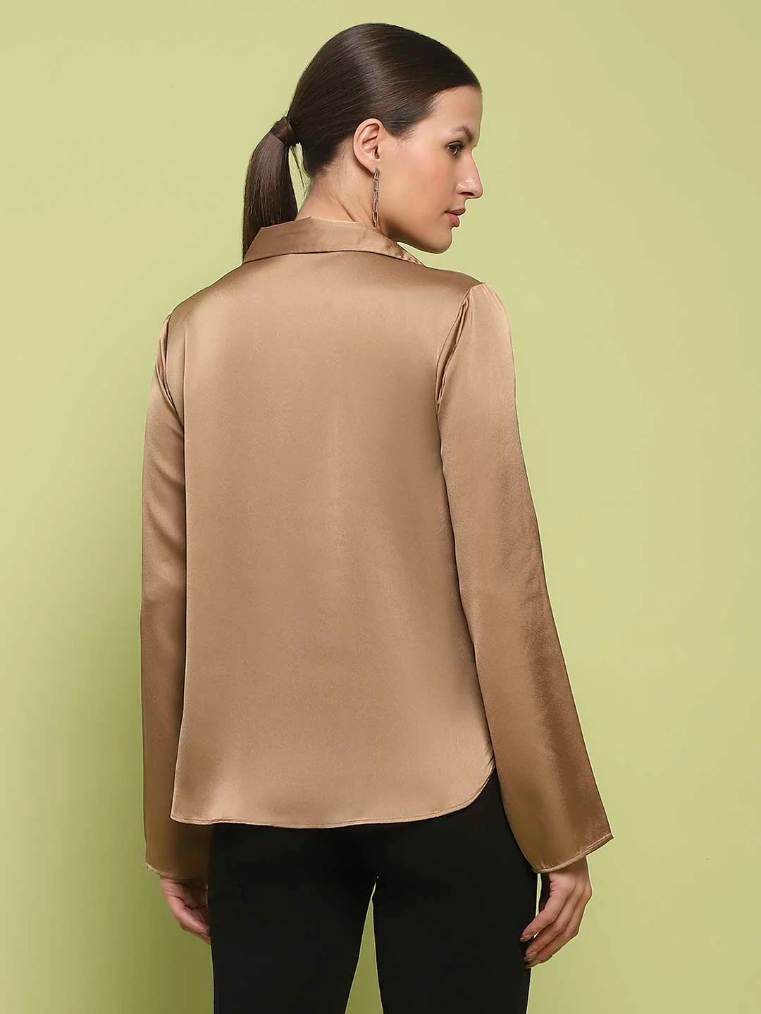 Madame Satin Bell Sleeve Collared Solid Golden Yellow Top - Image 6