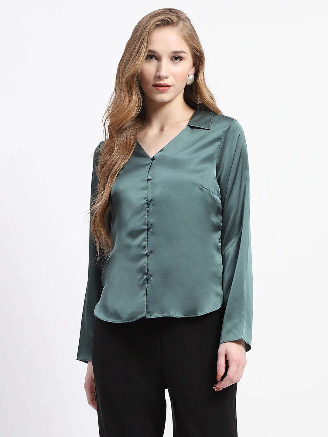 Madame Satin Bell Sleeve Collared Solid Jade Green Top - Image 2