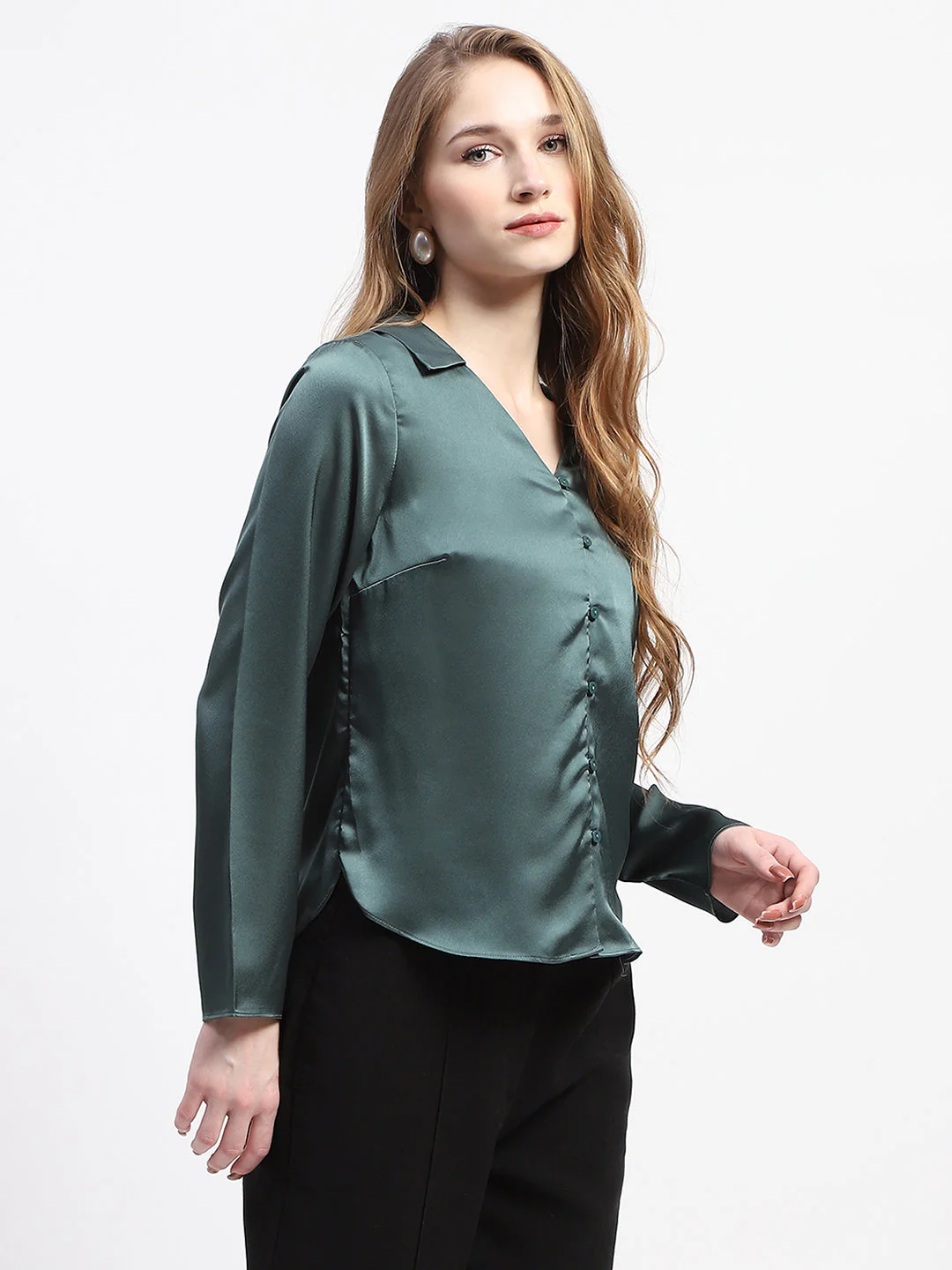 Madame Satin Bell Sleeve Collared Solid Jade Green Top - Image 3