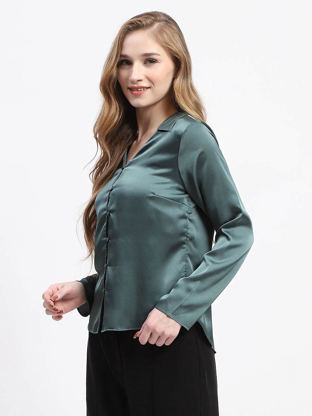 Madame Satin Bell Sleeve Collared Solid Jade Green Top - Image 4