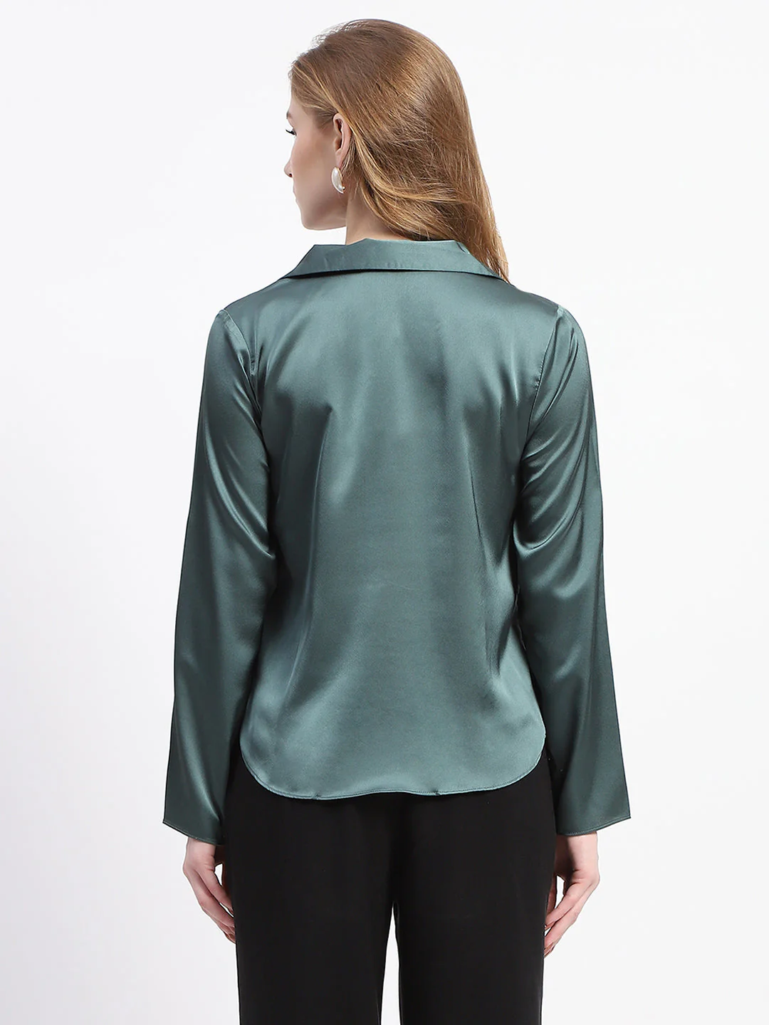 Madame Satin Bell Sleeve Collared Solid Jade Green Top - Image 5