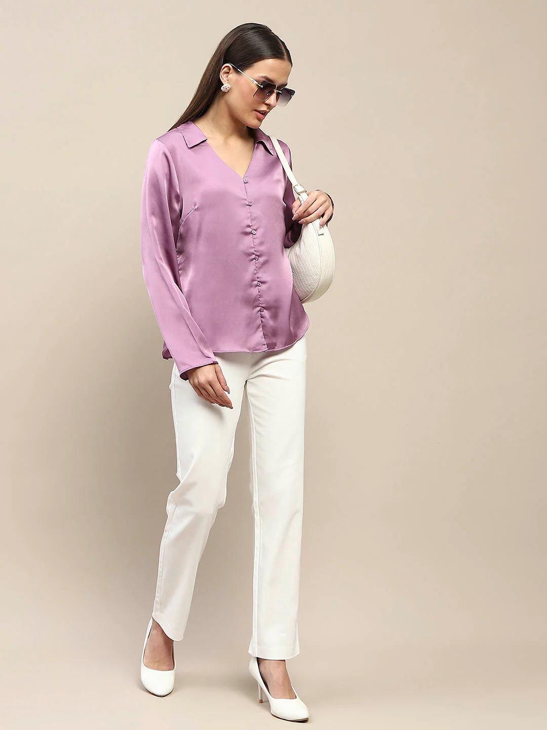 Madame Satin Bell Sleeve Collared Solid Lilac Top - Image 2
