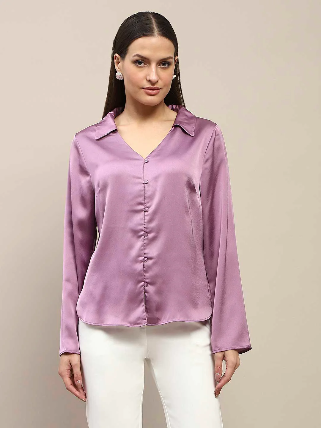 Madame Satin Bell Sleeve Collared Solid Lilac Top - Image 3