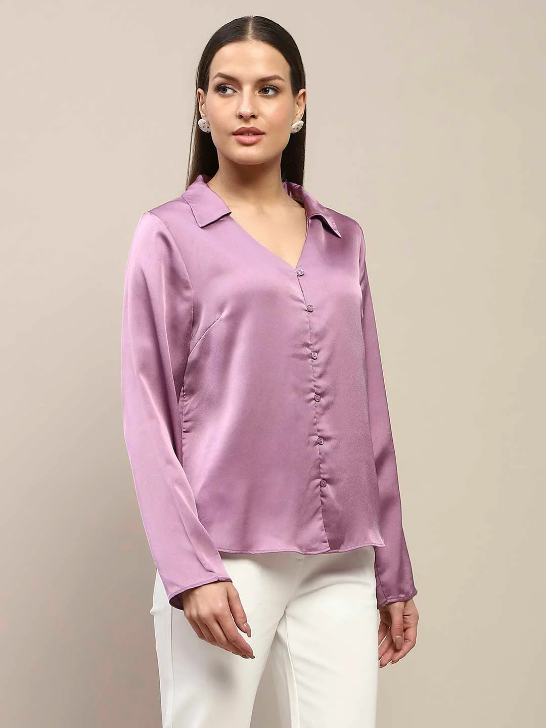 Madame Satin Bell Sleeve Collared Solid Lilac Top - Image 4