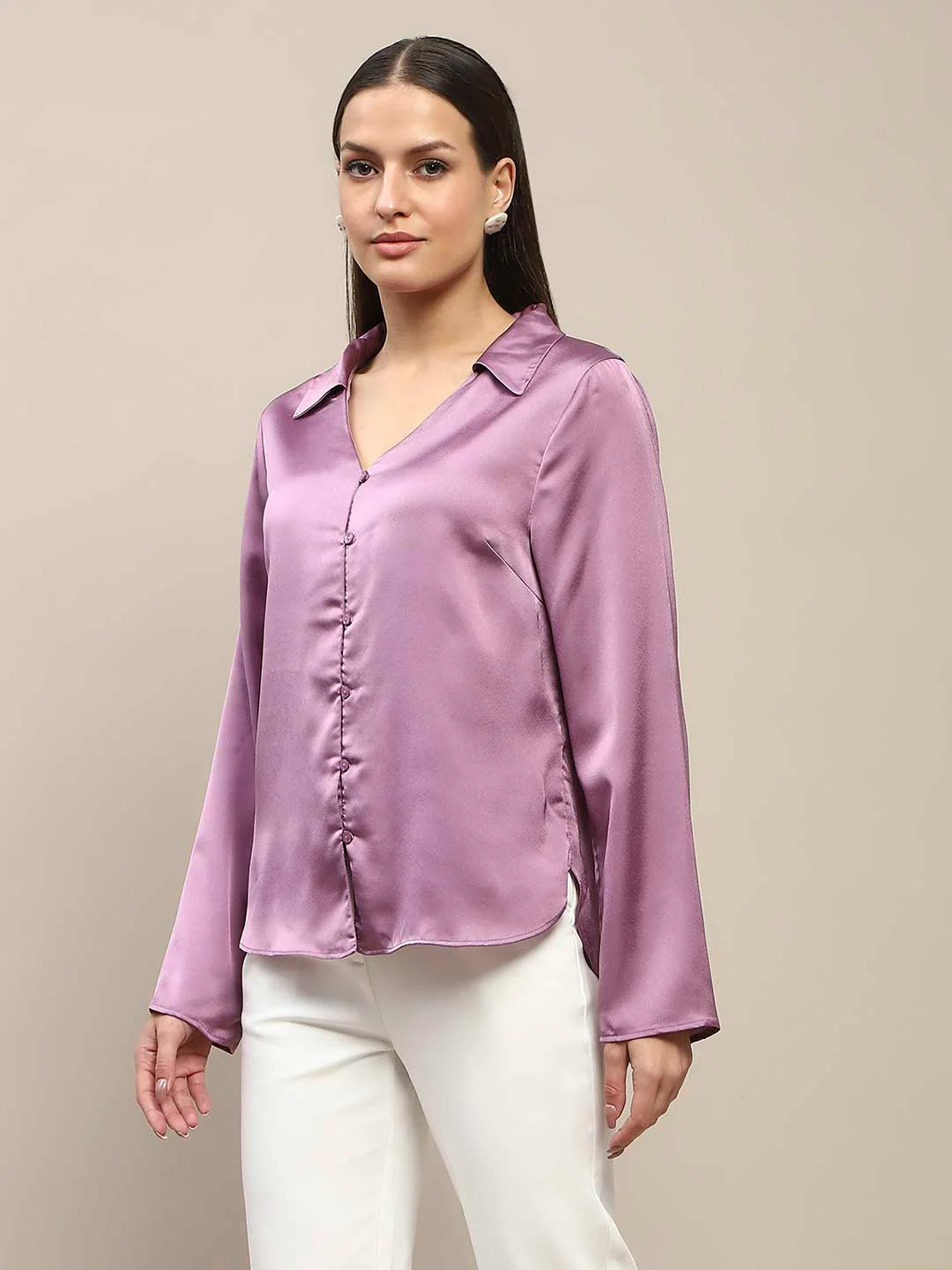 Madame Satin Bell Sleeve Collared Solid Lilac Top - Image 5