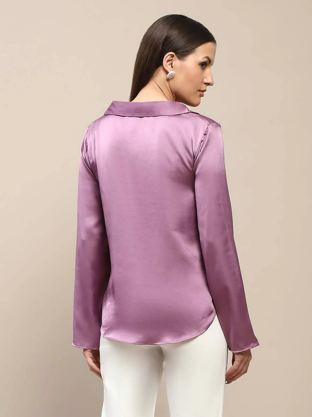 Madame Satin Bell Sleeve Collared Solid Lilac Top - Image 6