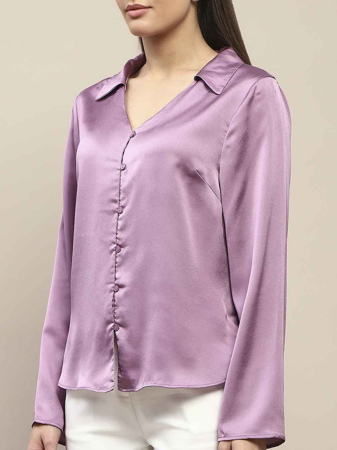 Madame Satin Bell Sleeve Collared Solid Lilac Top - Image 7