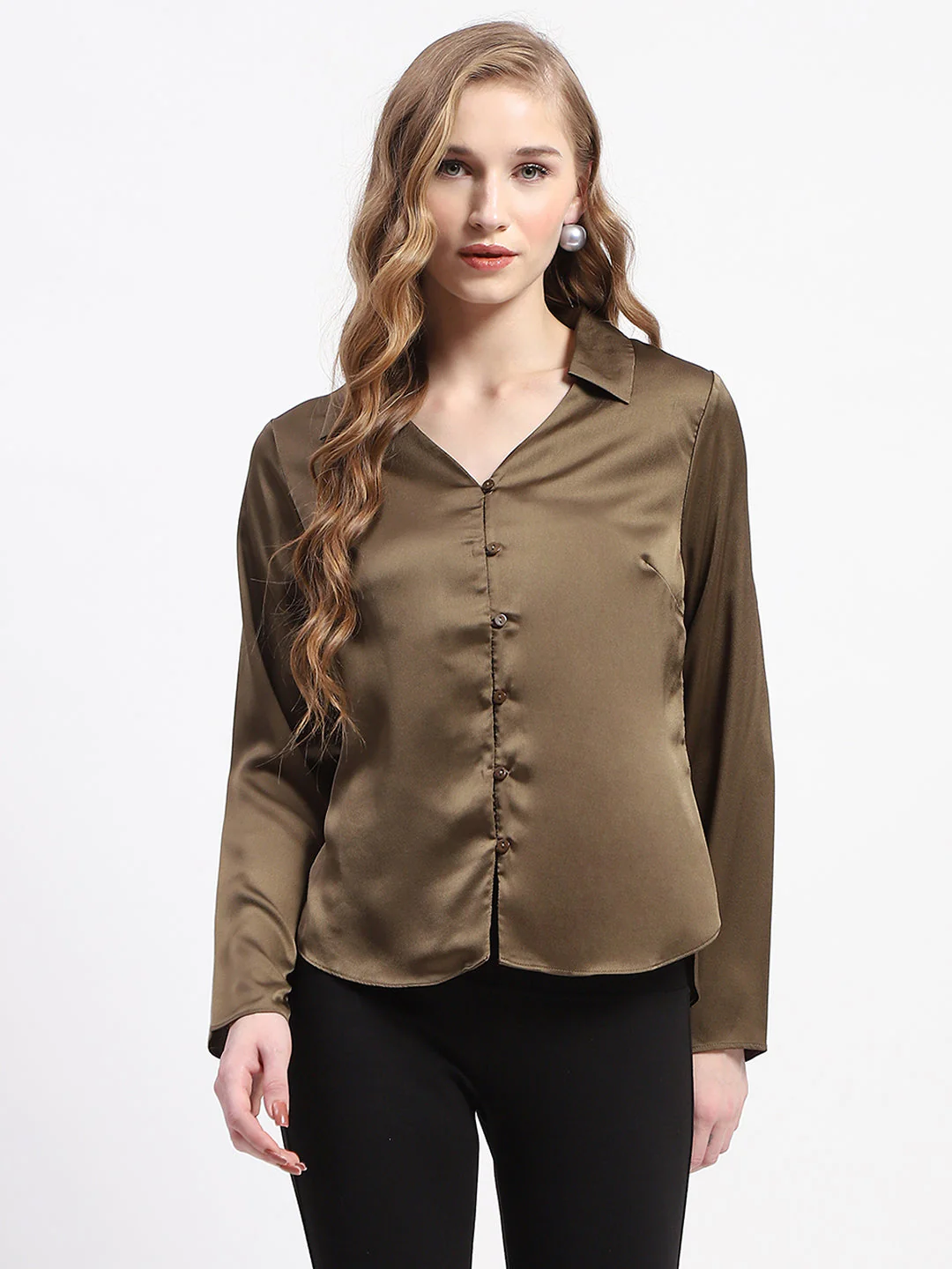 Madame Satin Bell Sleeve Collared Solid Olive Green Top - Image 2